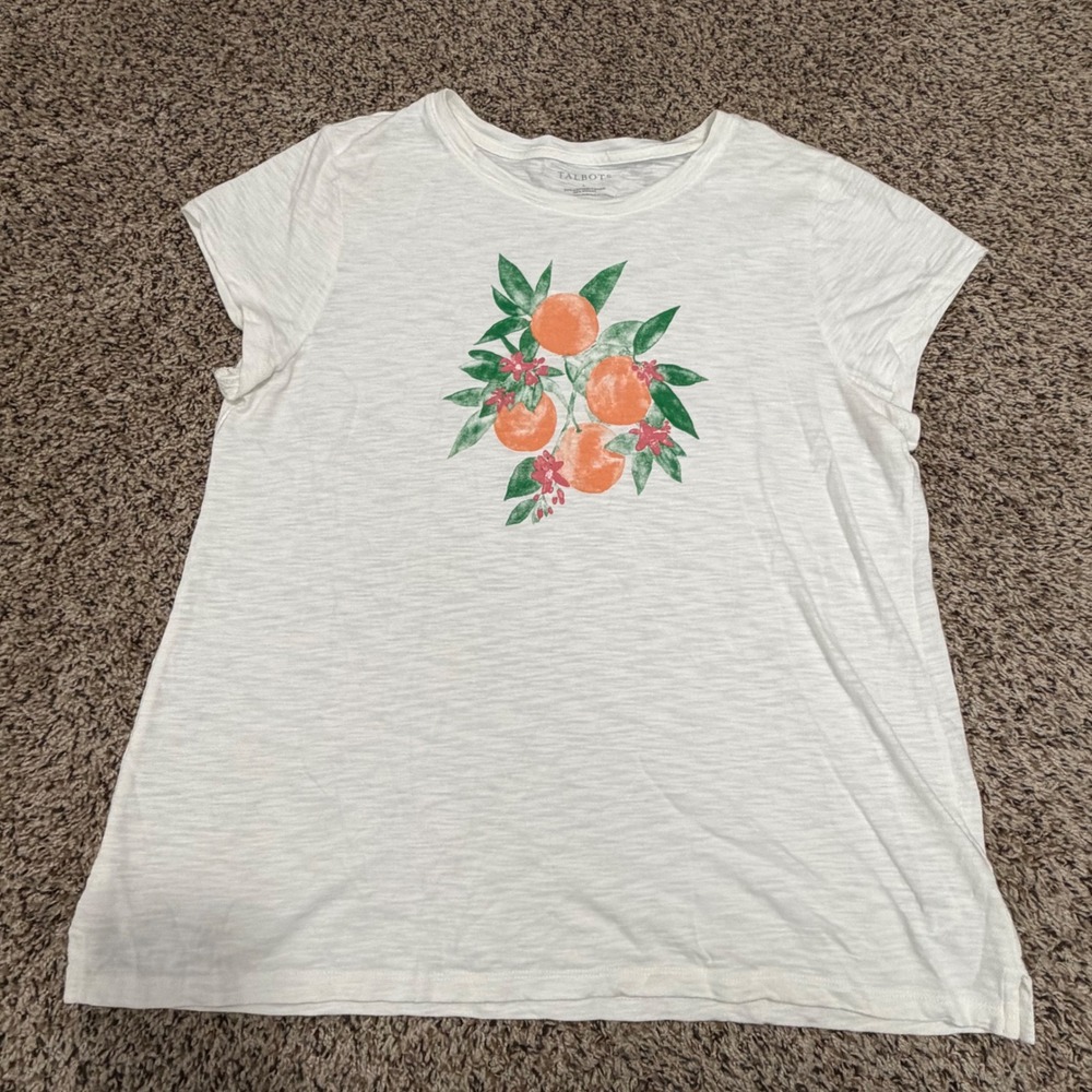 Talbots Womens White Slub Knit Citrus Orange Fruit Graphic Tee Shirt Large L